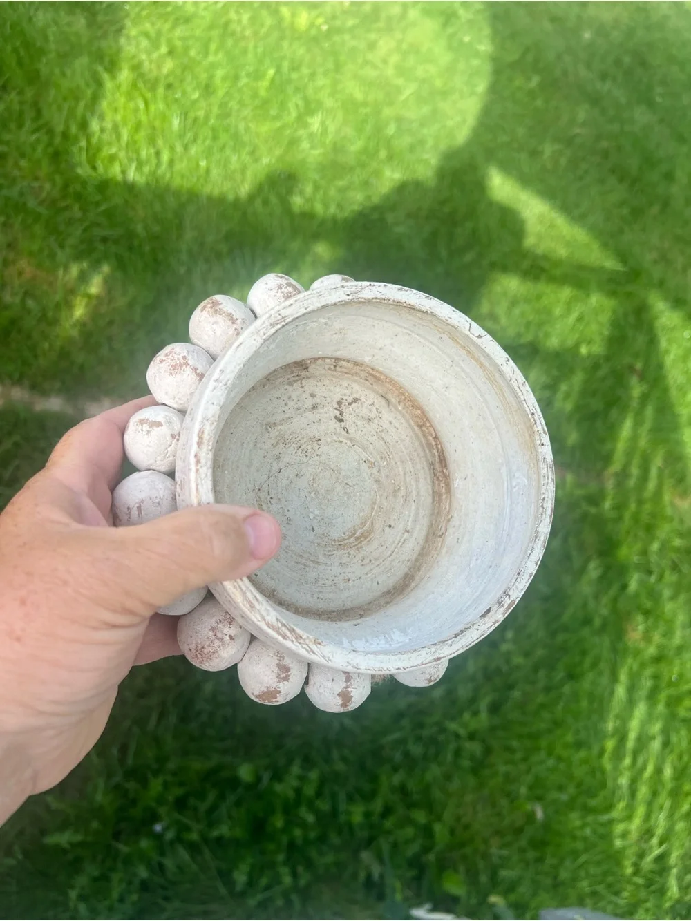 white distressed ceramic Beadzie™ clay bowl vessel wrapped with farmhouse-style